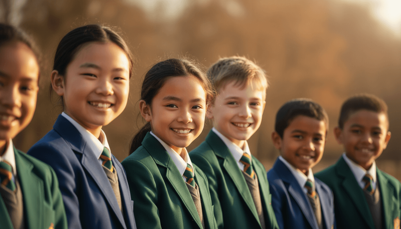 Children in school uniforms smiling during a professional photography session