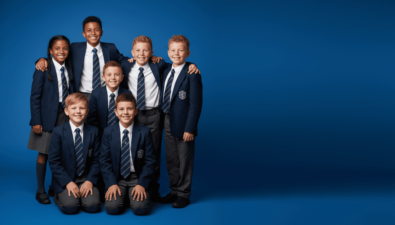 Group of smiling school students in uniform against vibrant backdrop