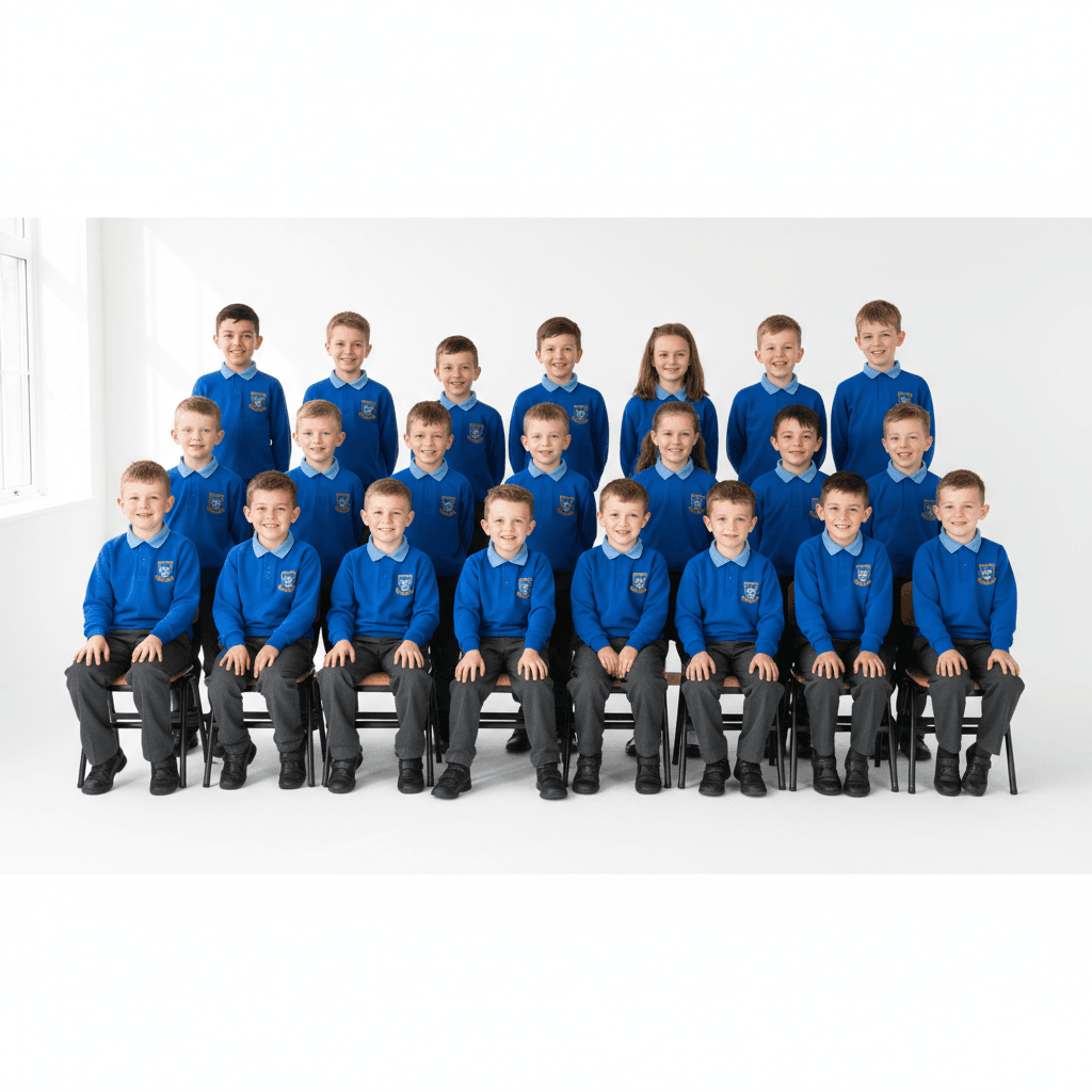 Full class group photograph on white backdrop