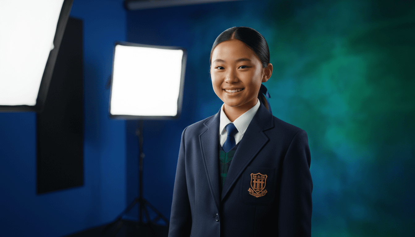 Young student smiling at camera against vibrant colored backdrop in professional school photography setting
