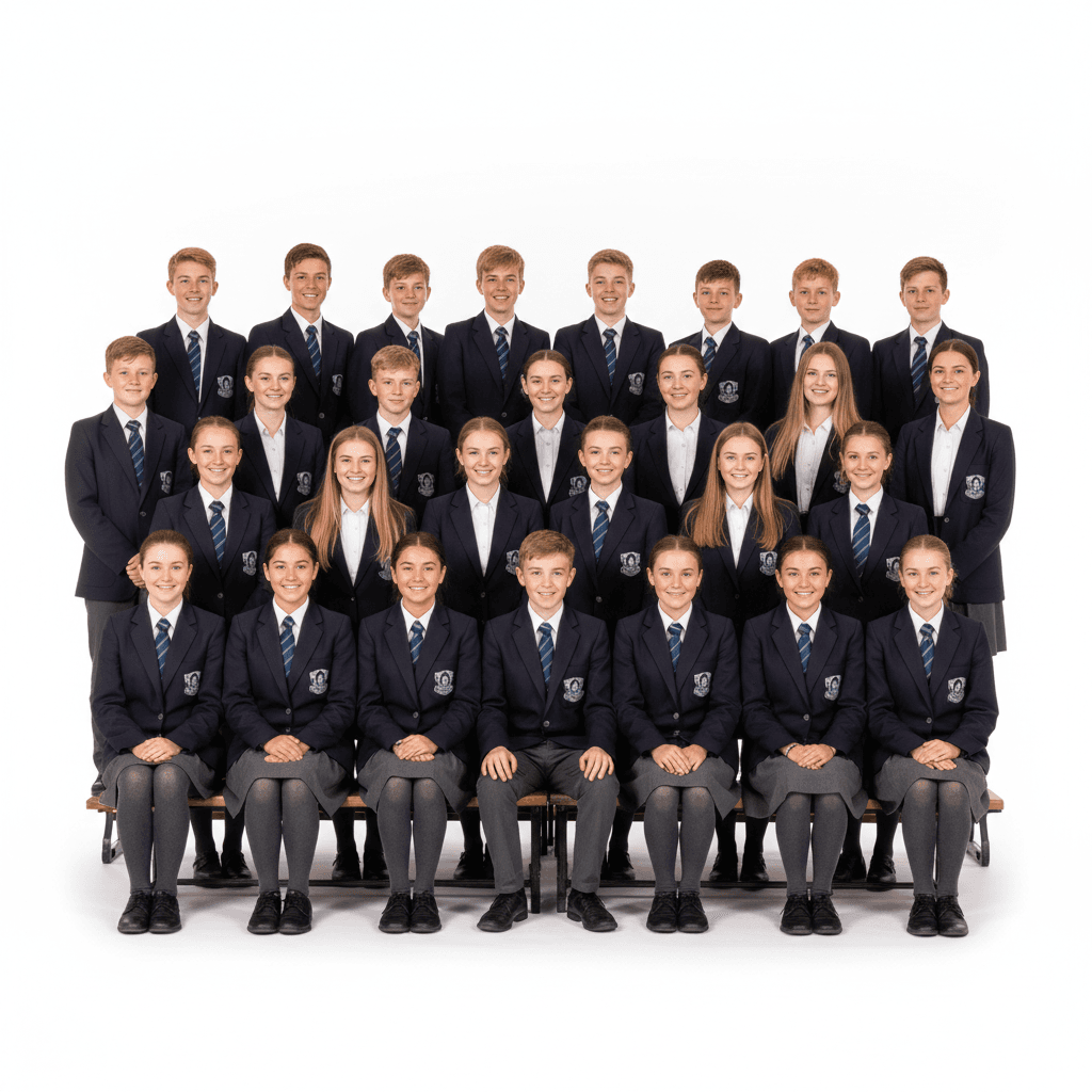 Class group photograph on white backdrop