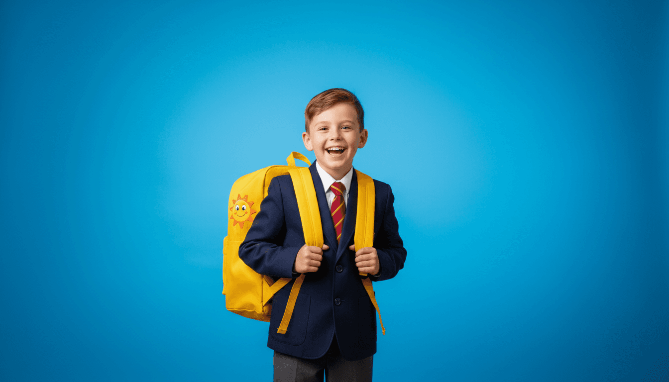 Happy student in uniform smiling in front of bright blue backdrop.