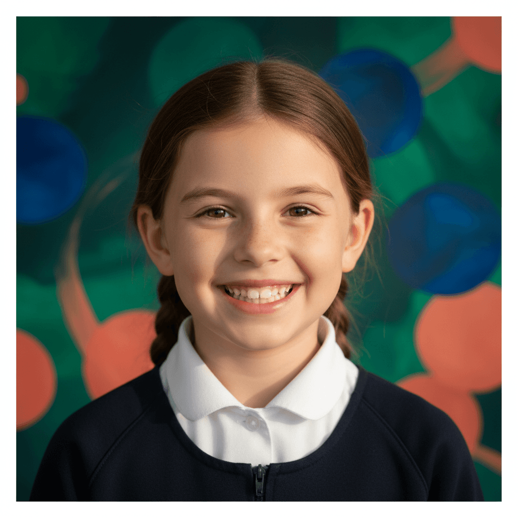 Student portrait in uniform against vibrant colored backdrop