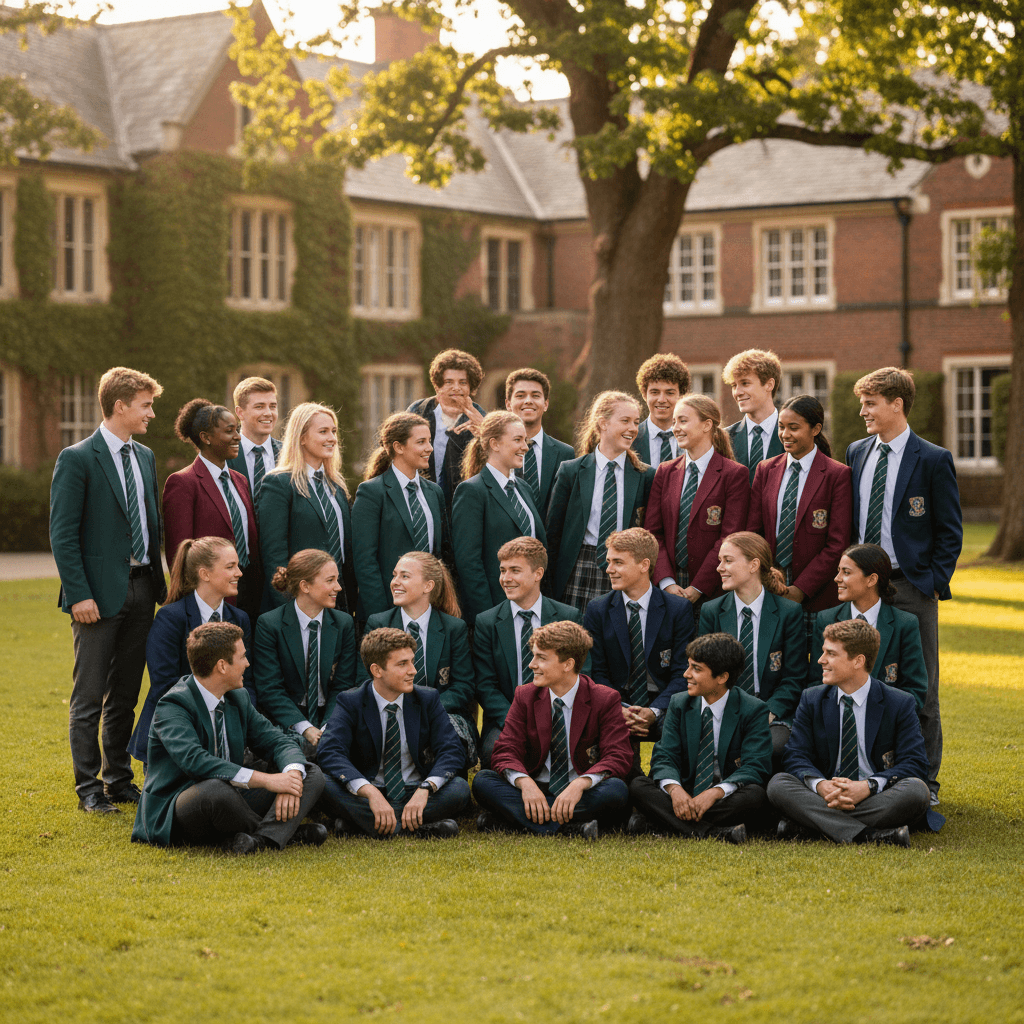 Full class group photograph outdoors with students in uniform arranged in rows