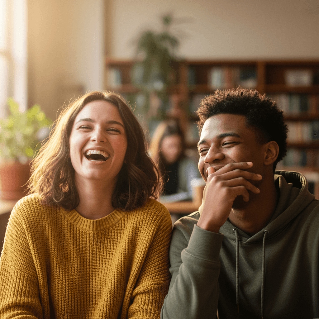 Two students captured mid-laugh in genuine candid moment with natural expressions